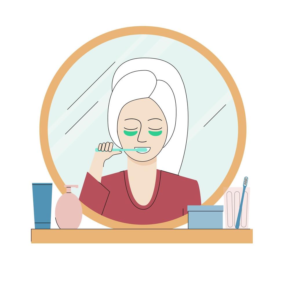 garota fazendo ilustração vetorial de rotina de manhã. mulher com tapa-olhos, escovando os dentes. conceito de banheiro vetor