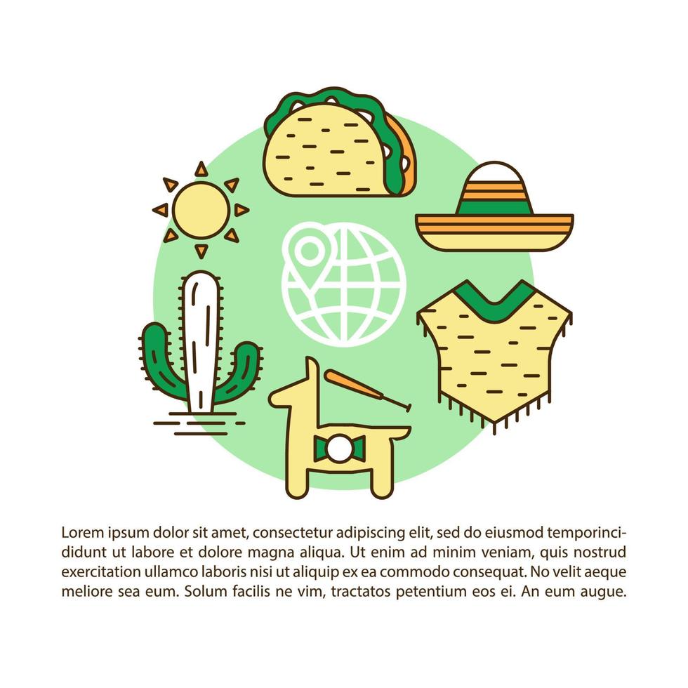 modelo de vetor de página de artigo de cultura mexicana. natureza do México, brochura de tradições, revista, elemento de design de livreto com ícones lineares e caixas de texto. design de impressão. ilustrações de conceito com espaço de texto