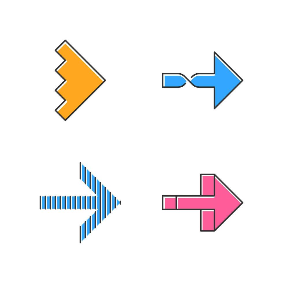 conjunto de ícones de cores de setas para a direita. flechas torcidas, entalhadas, listradas ao lado, para a frente. sinal de ponteiro de navegação. sinalização de movimento, indicador. símbolo apontando. movimento lateral. ilustrações vetoriais isoladas vetor