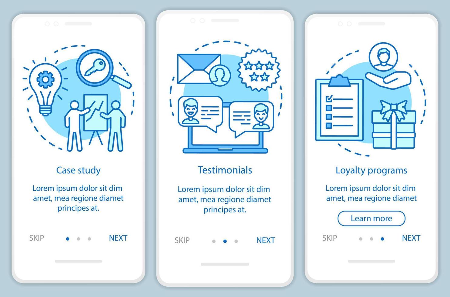 tomada de decisão modelo de vetor de tela de página de aplicativo móvel de integração de conteúdo azul. passo a passo do site da atração do cliente com ilustrações lineares. conceito de interface de smartphone ux, ui, gui