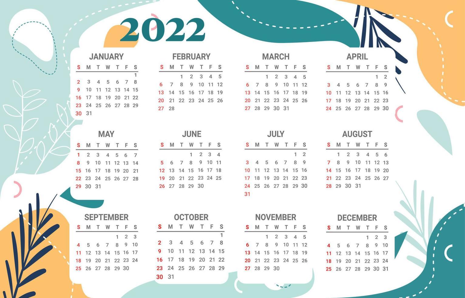 Modelo de calendário 2022 com design floral abstrato vetor