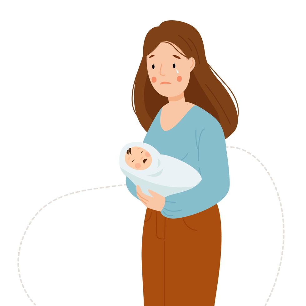 depressão pós-parto. uma mulher está chorando e segurando um bebê chorando. crise de maternidade. vetor