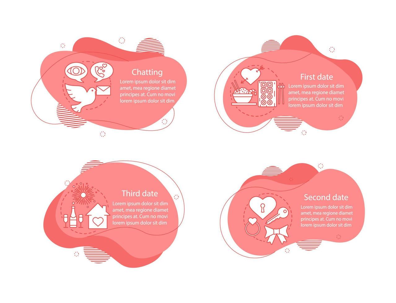 namoro e ilustrações de conceito de romance. modelo de infográfico de desenvolvimento de relacionamentos românticos. elementos fluidos com texto e ícones lineares. etapas de bolhas onduladas. apresentação, clipart de vetores de banner