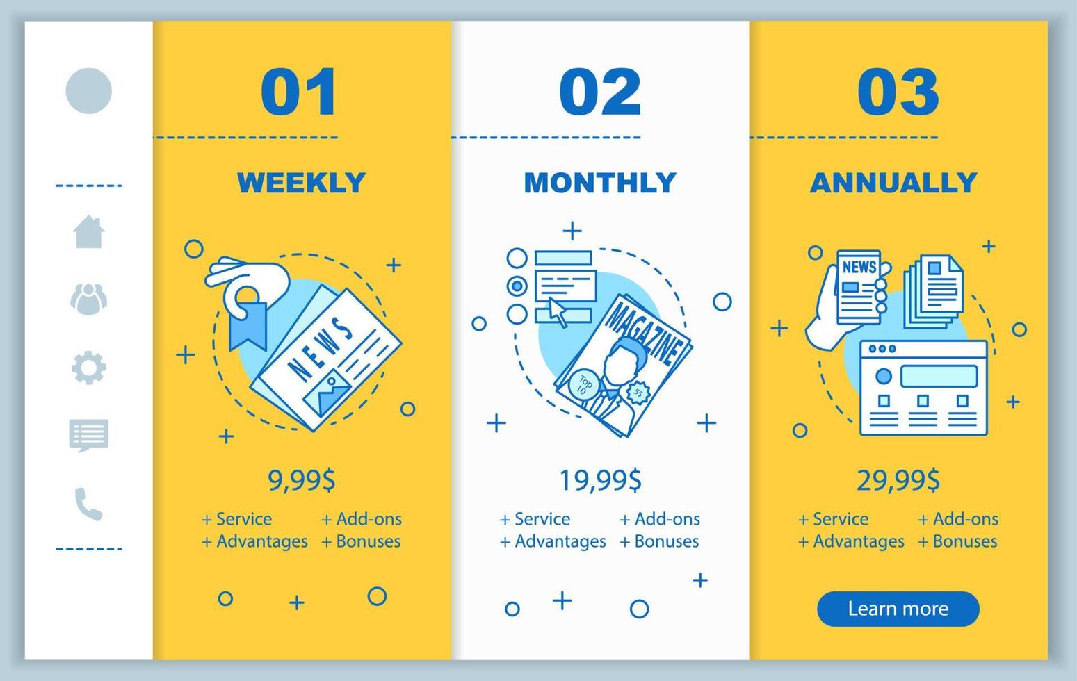 jornal, assinatura de revista onboarding telas de aplicativos móveis com preços de serviço. publicações periódicas que percorrem as páginas do site. etapas dos planos tarifários semanais e mensais. layout de web de pagamento de smartphone vetor