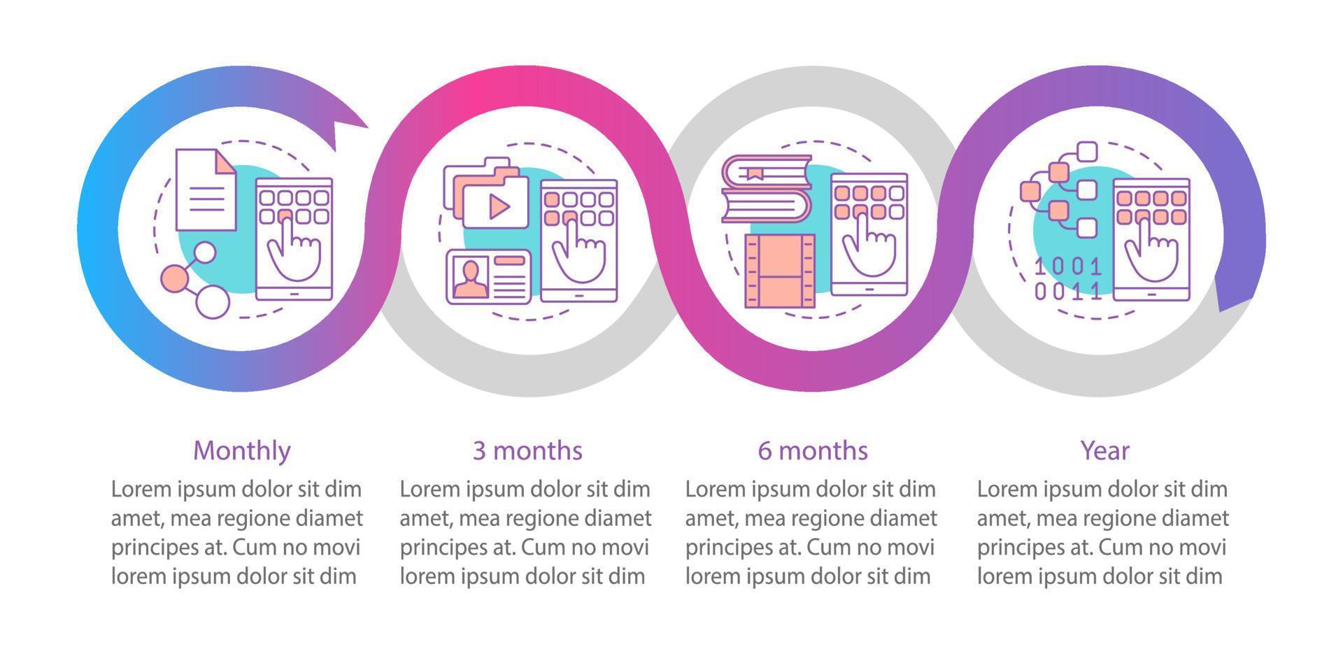 modelo de infográfico de vetor de assinatura de serviços digitais. planos tarifários. visualização de dados com quatro etapas e opções. gráfico de linha do tempo do processo. layout de fluxo de trabalho com ícones