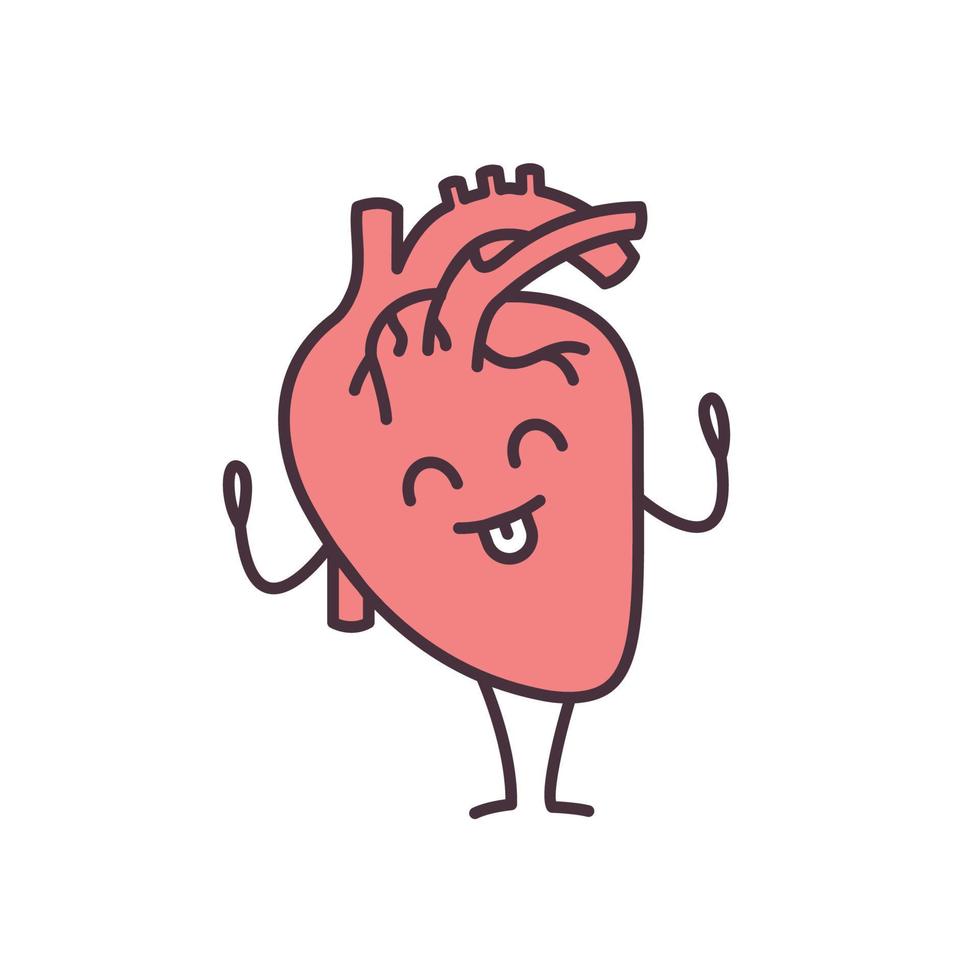 ícone de cor de emoji de coração humano feliz. saúde do sistema cardiovascular. órgão interno saudável. ilustração vetorial isolada vetor