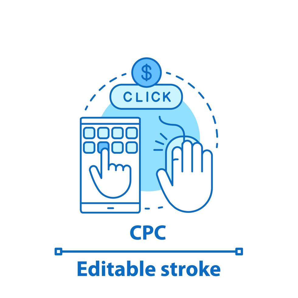 ícone do conceito de cpc. custo por conversão. pago por clique. ilustração de linha fina de ideia. anúncio. desenho de contorno isolado do vetor. curso editável vetor