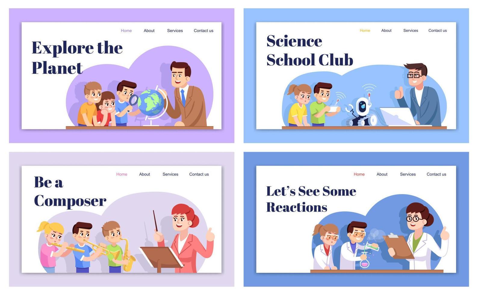 após o modelo de vetor de página de destino da escola definido. ideia de interface de site de clubes de interesse infantil com ilustrações planas. atividades extracurriculares. layout da página inicial. banner da web, conceito de desenho de página da web