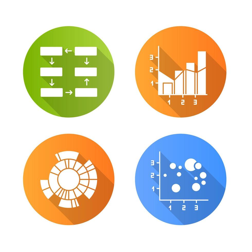 gráfico e gráfico de design plano conjunto de ícones de glifo de sombra longa. conexão de dados, fiação. estágios de progresso. gráfico misto. diagrama radial do sunburst. gráfico de bolhas de dispersão. o negócio. ilustração da silhueta do vetor