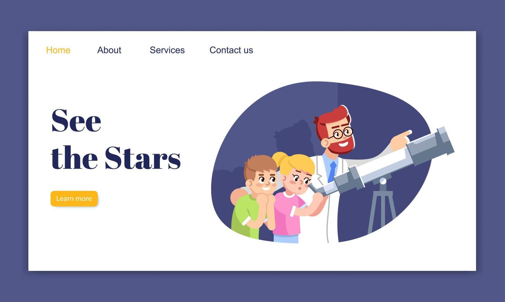 consulte o modelo de vetor da página de destino estrelas. aulas de astronomia para ideia de interface de site de crianças com ilustrações planas. layout da página inicial de popularização da ciência. banner da web, conceito de desenho de página da web