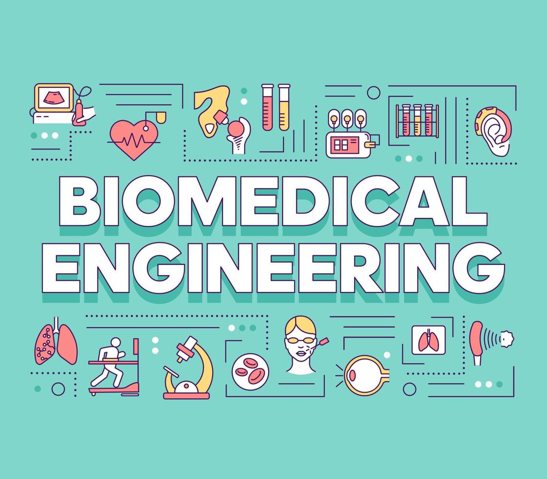 banner de conceitos de palavra de engenharia biomédica. biotecnologia para a saúde. desenvolvimento da saúde. apresentação, site. isolado rotulação ideia de tipografia com ícones lineares. ilustração de contorno vetorial vetor