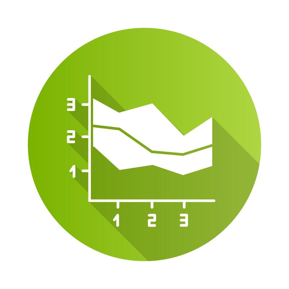 ícone de glifo de sombra longa de design plano verde de gráfico de área. gráfico crescente com segmentos. apresentação de marketing. visualização do relatório de negócios. pesquisa econômica. ilustração da silhueta do vetor