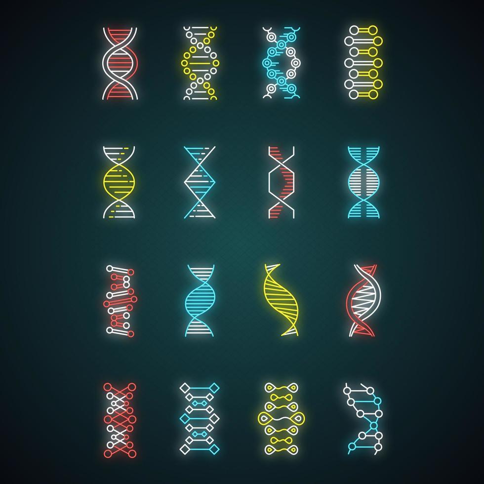 conjunto de ícones de luz de néon de hélice de DNA. desoxirribonucléico, estrutura de ácido nucléico. cromossoma. fios em espiral. biologia molecular. Código genético. genoma. genética. sinais brilhantes. ilustrações isoladas de vetor