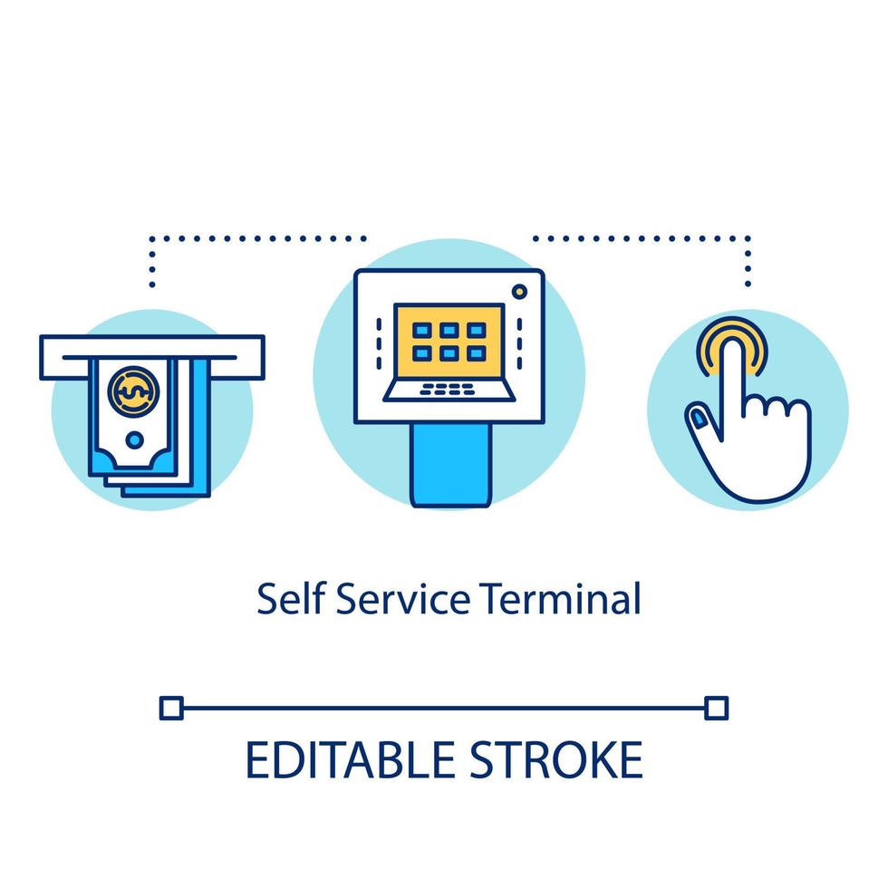 ícone de conceito de terminal de autoatendimento. ilustração de linha fina de ideia de sistema de pagamento. checkout de compras. transação eletrônica. tecnologia moderna. desenho de contorno isolado do vetor. curso editável vetor