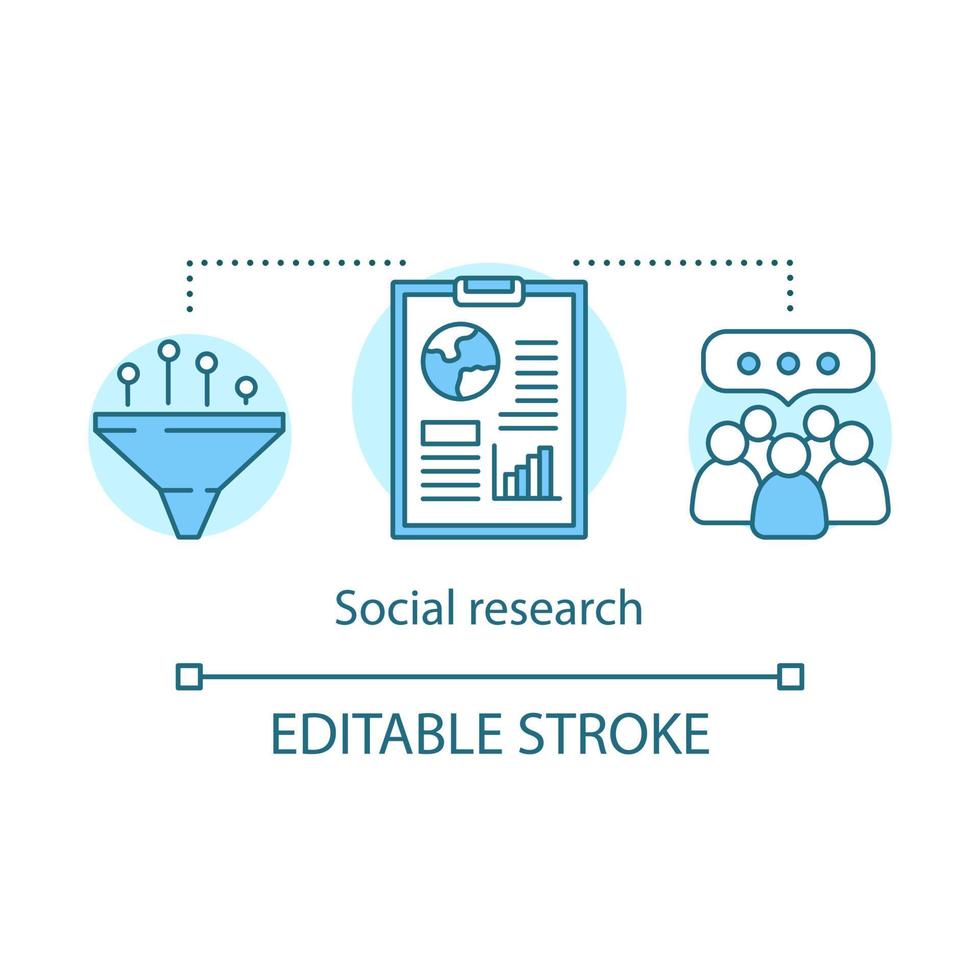 ícone do conceito de pesquisa social. pesquisa social, ilustração de linha fina de ideia de pesquisa. análise quantitativa populacional. sociologia. pessoas e comunidade. desenho de contorno isolado do vetor. curso editável vetor