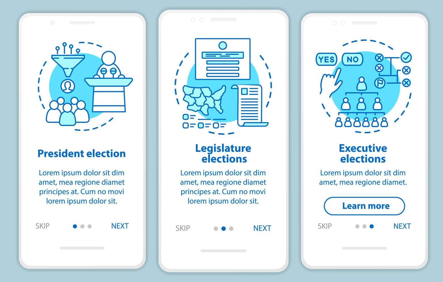 tela de página de aplicativo móvel de integração de eleições com conceitos lineares. presidente, legislatura, eleições executivas. três instruções gráficas passo a passo. modelo de vetor ux, ui, gui com ilustrações