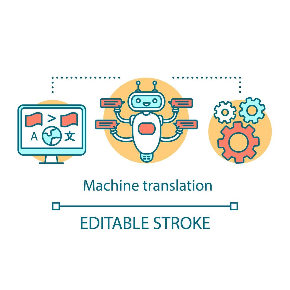 ícone do conceito de serviços de tradução. ilustração de linha fina de ideia de interpretação de máquina automatizada. chatbot online automático multilíngue, bot. desenho de contorno isolado do vetor. curso editável vetor