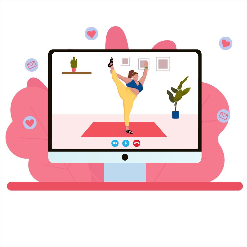 ioga online. plus size mulher fazendo ioga em vídeo. ilustração vetorial plana vetor