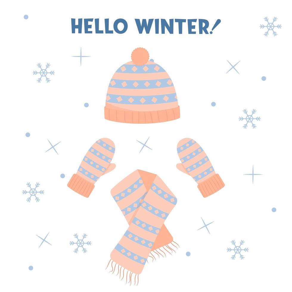 um conjunto de chapéus, luvas e um lenço. roupa de inverno. ilustração vetorial plana vetor