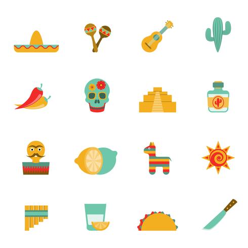 Conjunto de ícones plana de símbolos de cultura mexicana vetor