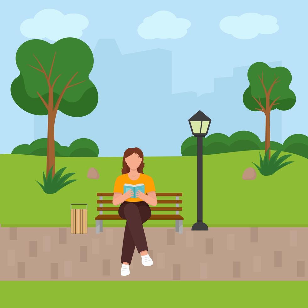 mulher lendo um livro no parque vetor