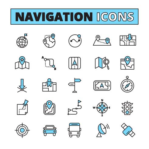 Navegação de mapa delineada conjunto de ícones vetor