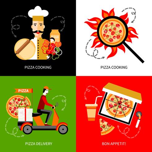 entrega de pizza 4 ícones lisos quadrados vetor