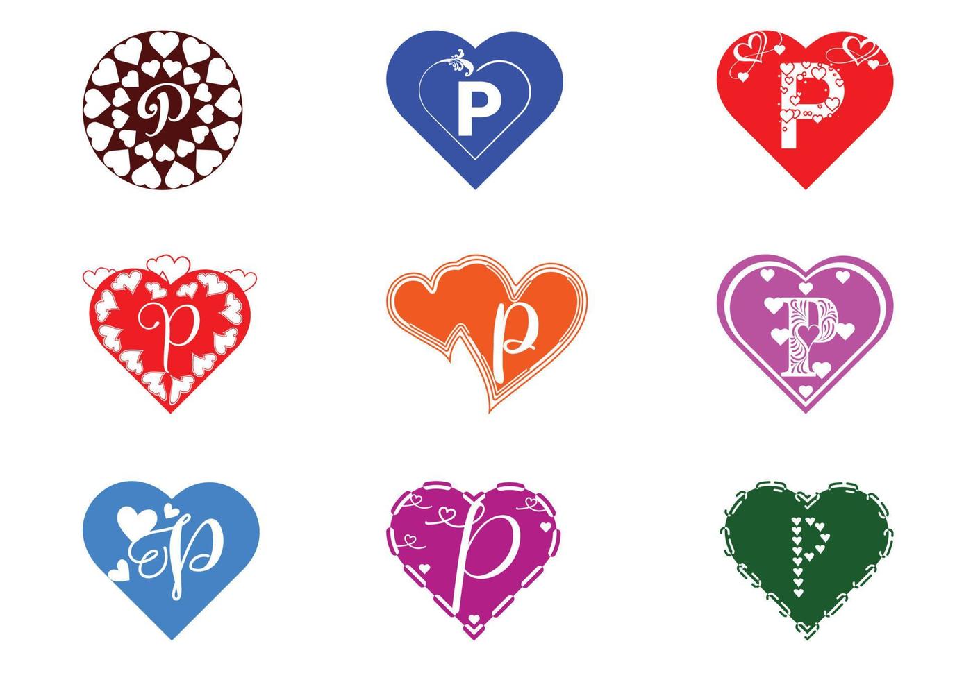 logotipo da letra p com ícone de amor, modelo de design para dia dos namorados vetor