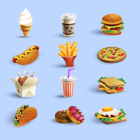 Conjunto de desenhos animados de ícones de fastfood vetor