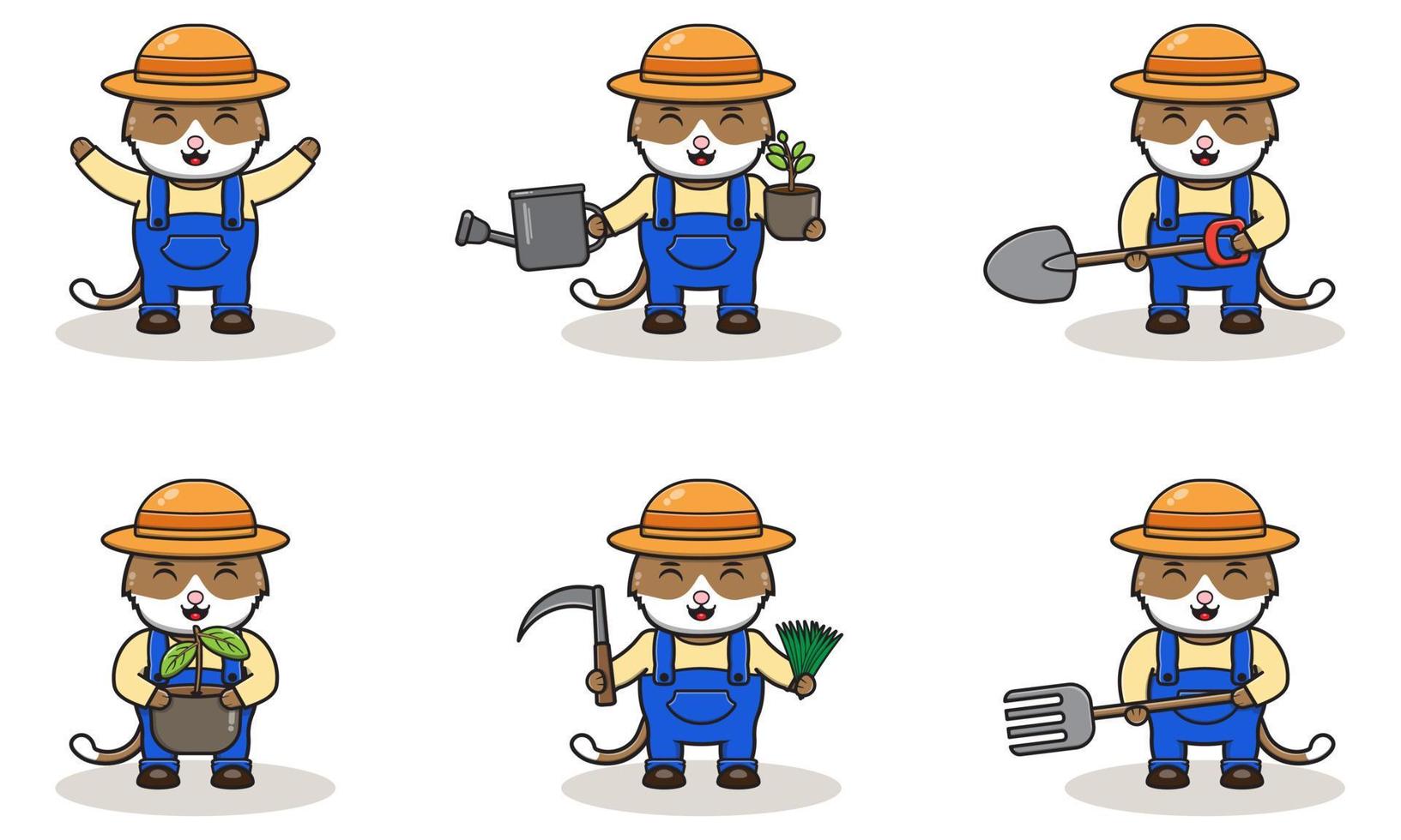 design de personagens de fazendeiro gato bonito com chapéu de palha. vetor