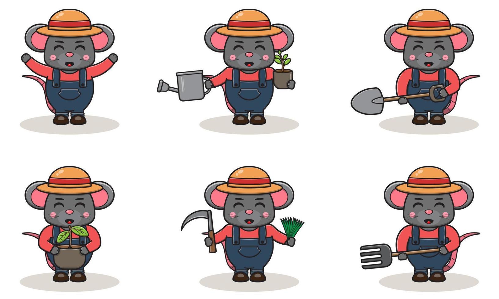 design de personagens de agricultor de rato fofo com chapéu de palha. vetor