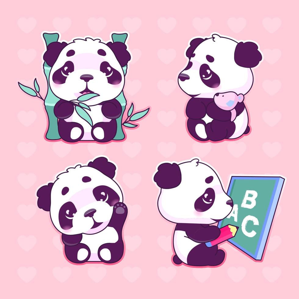 conjunto de personagens de desenhos animados de panda kawaii bonito. adorável, feliz e engraçado animal comendo bambu, acenando o adesivo de mão isolada, pacote de patches. Emoji de urso panda bebê anime em fundo rosa vetor
