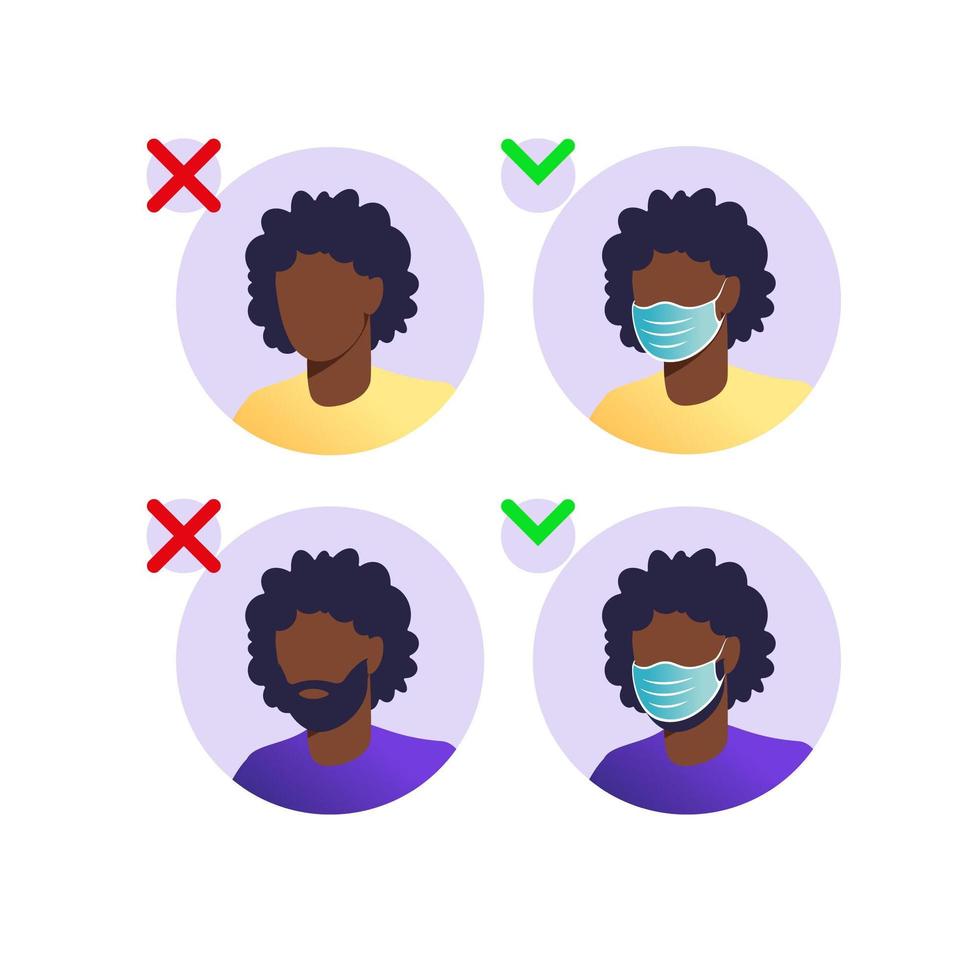 homem africano e mulher usando máscaras. parar o conceito de pandemia. pessoas usando proteção contra vírus, poluição do ar urbano, poluição atmosférica, vapor, emissão de gases poluentes. ilustração do vetor no apartamento.