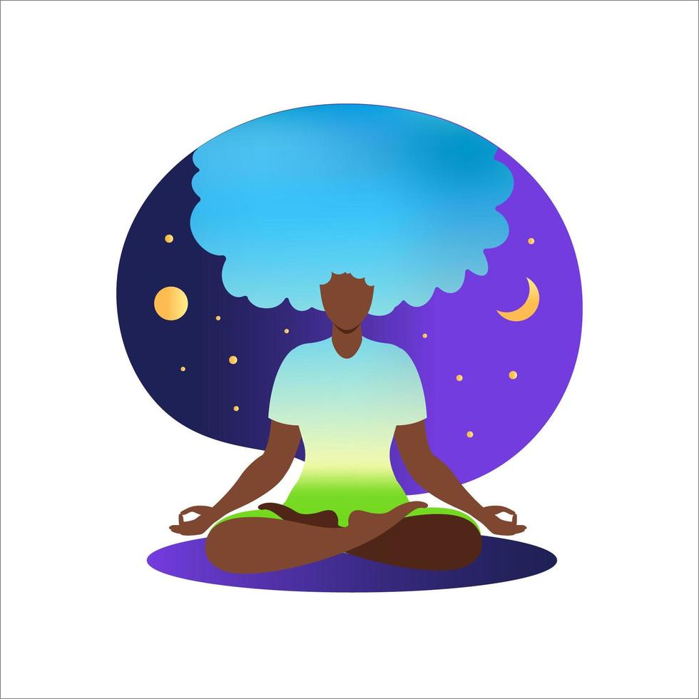 mulher africana meditando com o fundo da natureza e os cabelos presos. conceito de meditação. mulher sentada em posição de lótus, praticando meditação. em pose de lótus. ilustração vetorial em estilo simples. vetor