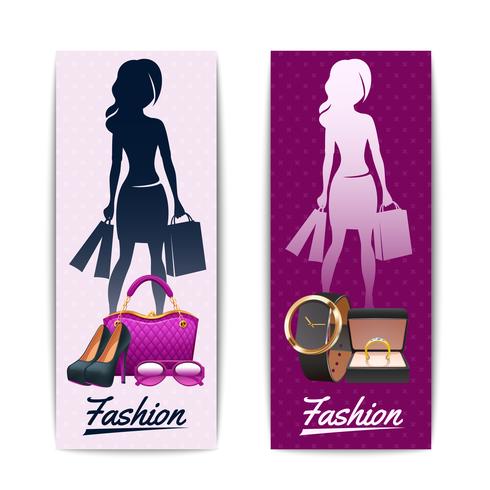 Banners verticais de compras de mulheres vetor