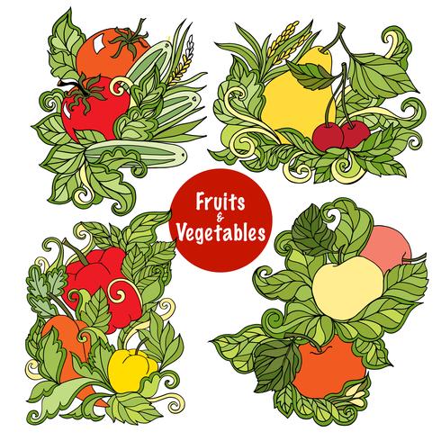 Conjunto de composições de frutas e legumes ornamentais vetor