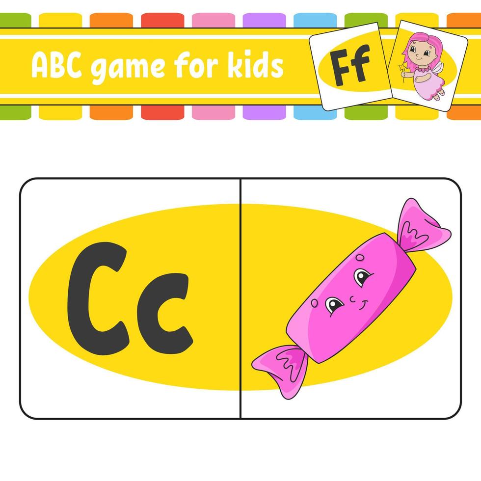 cartões flash abc. alfabeto para crianças. aprender letras. planilha de educação. página de atividades para estudar inglês. jogo de cores para crianças. ilustração isolada do vetor. estilo coon. vetor