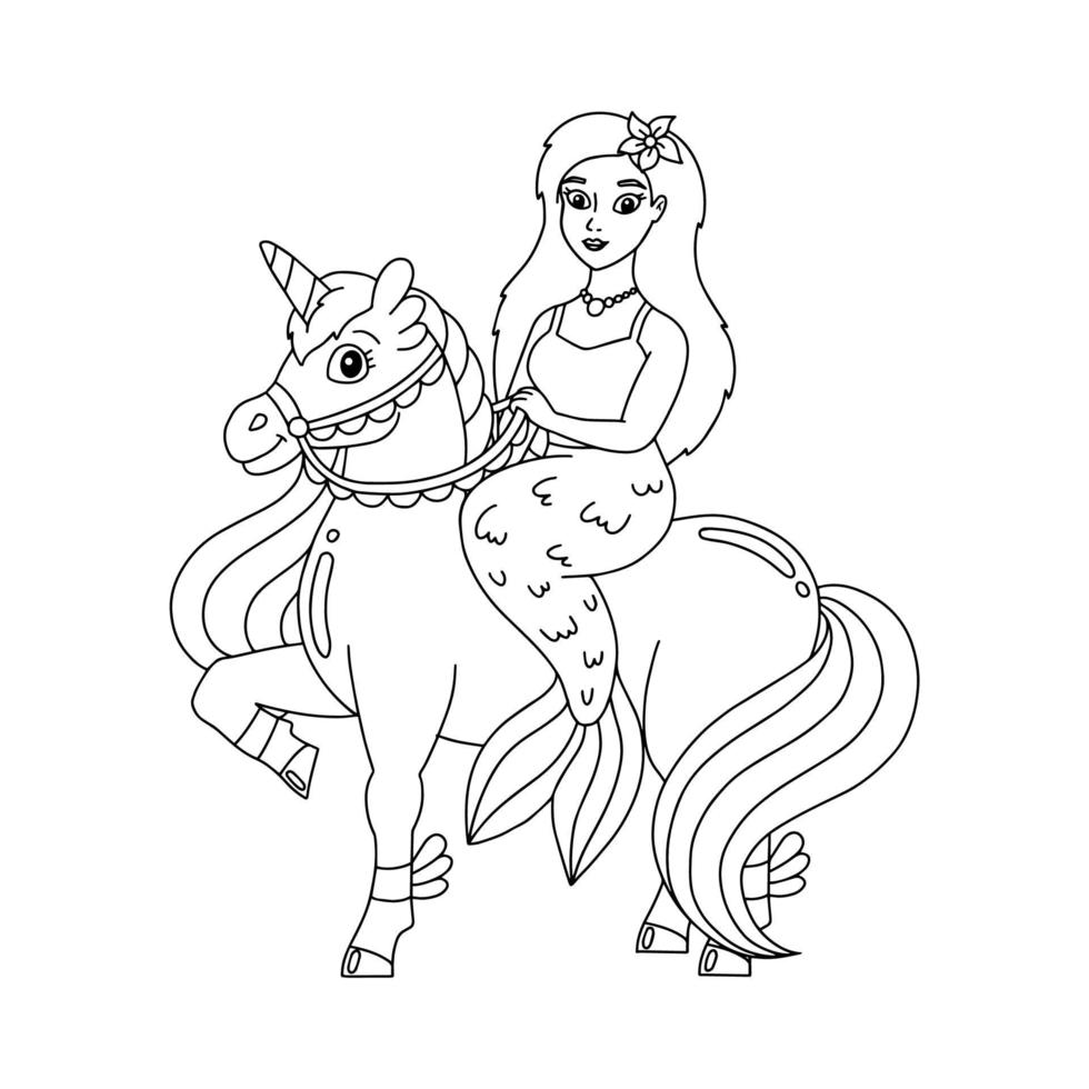 uma sereia monta um unicórnio. página do livro para colorir para crianças. personagem de estilo de desenho animado. ilustração vetorial isolada no fundo branco. vetor