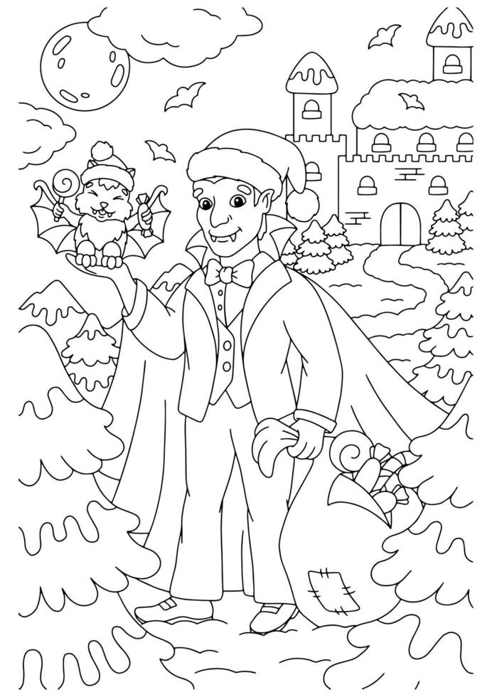 conde drácula com presentes de natal. página do livro para colorir para crianças. personagem de estilo de desenho animado. ilustração vetorial isolada no fundo branco. vetor