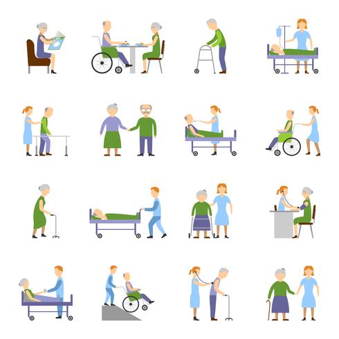 Conjunto de ícones de pessoas idosas de enfermagem vetor