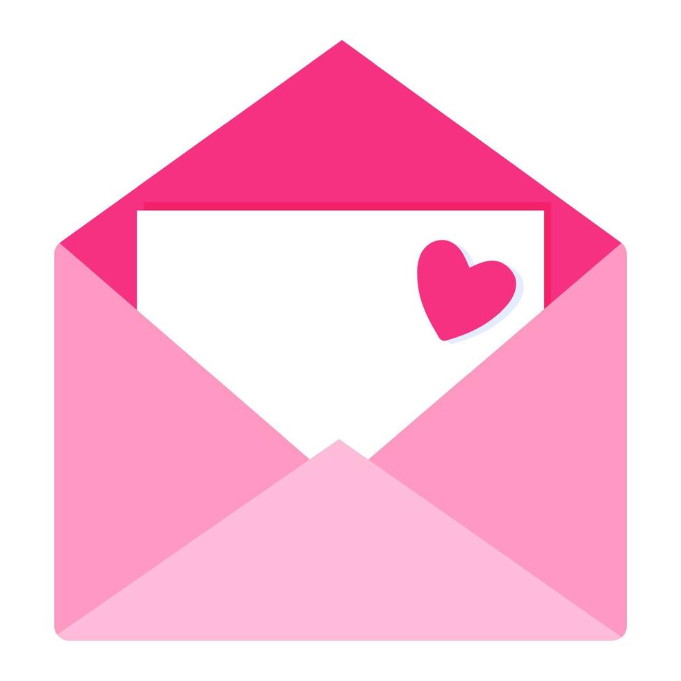 Abra o envelope rosa com uma carta de amor e corações. conceito de casamento e dia dos namorados. vetor