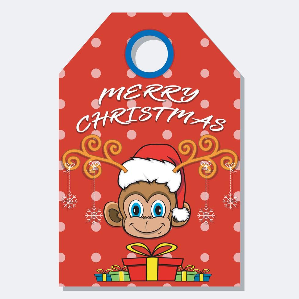 feliz Natal feliz ano novo mão desenhada etiqueta etiqueta com design de personagens de cabeça de macaco bonito. vetor