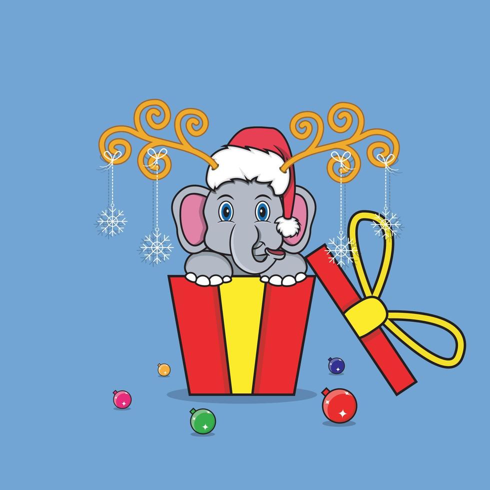 elefante fofo no presente com chapéu de Papai Noel. para plano de fundo, modelo, ícone, banner, convite, cartão, design de inspiração e folheto. vetor