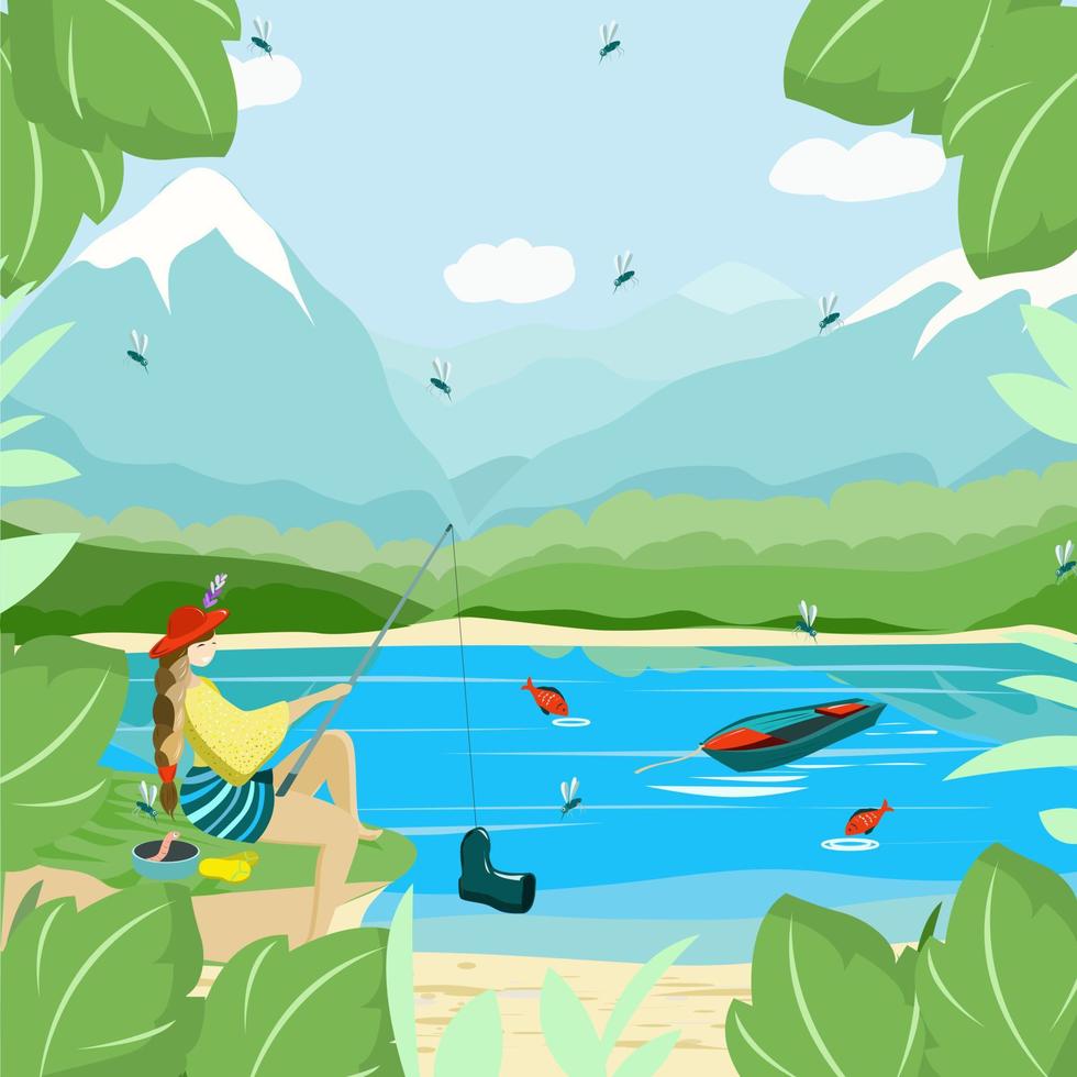 garota pescando no lago com uma vara de pescar vetor