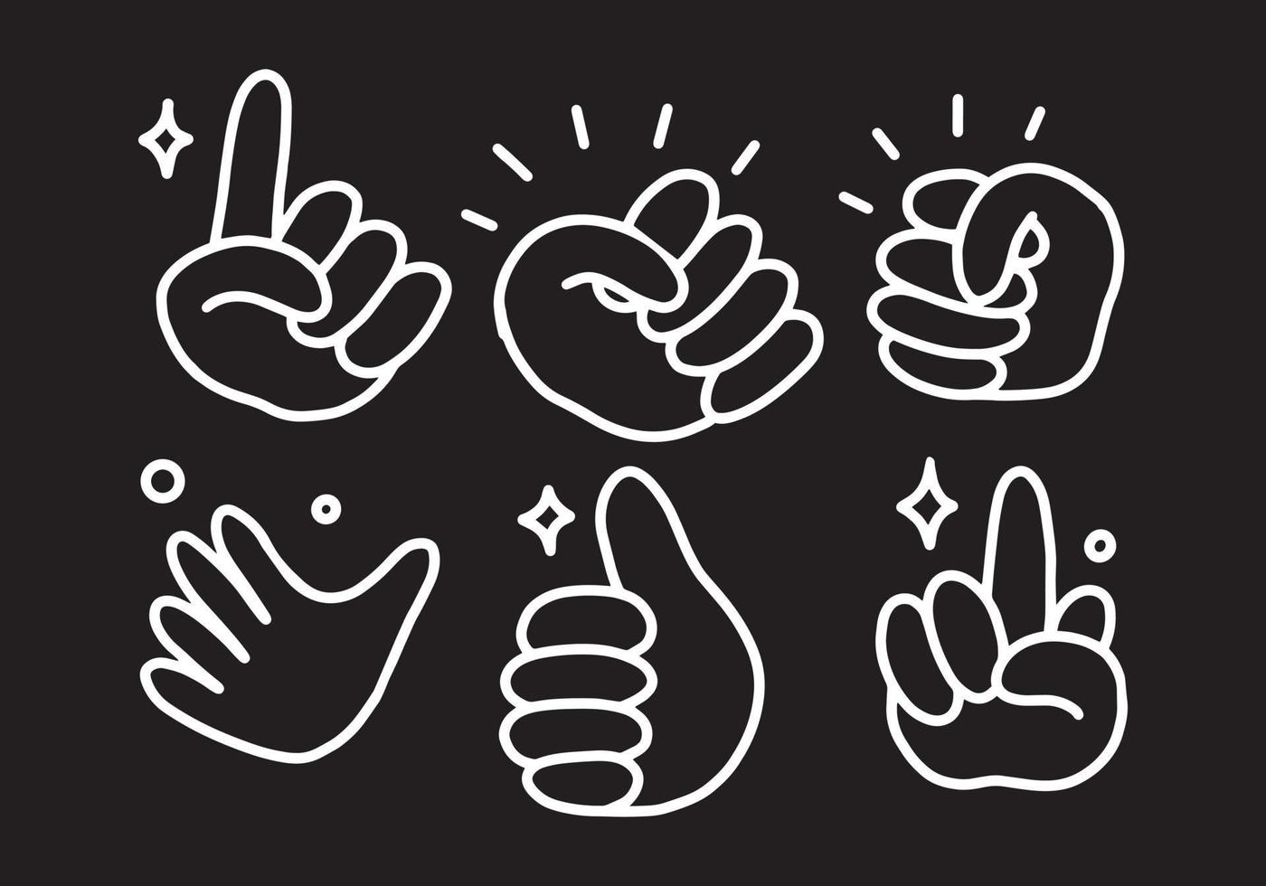 conjunto de ilustrações de gestos de mão de desenho animado. ilustração de linha em branco sobre fundo preto. desenho simples desenhado à mão de dedos da mão. vetor