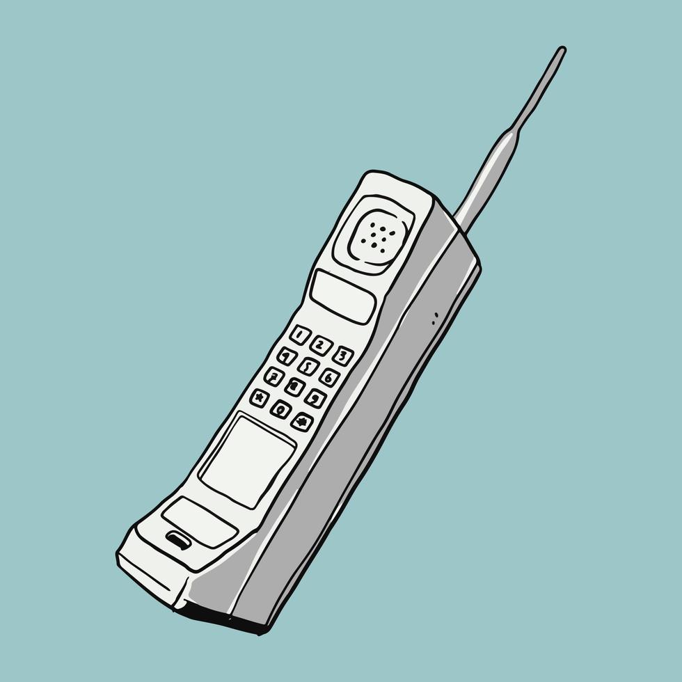 ilustração de telefone antigo sobre fundo azul. telefone sem fios ilustrado na cor branca. a velha geração do dispositivo smartphone. vetor