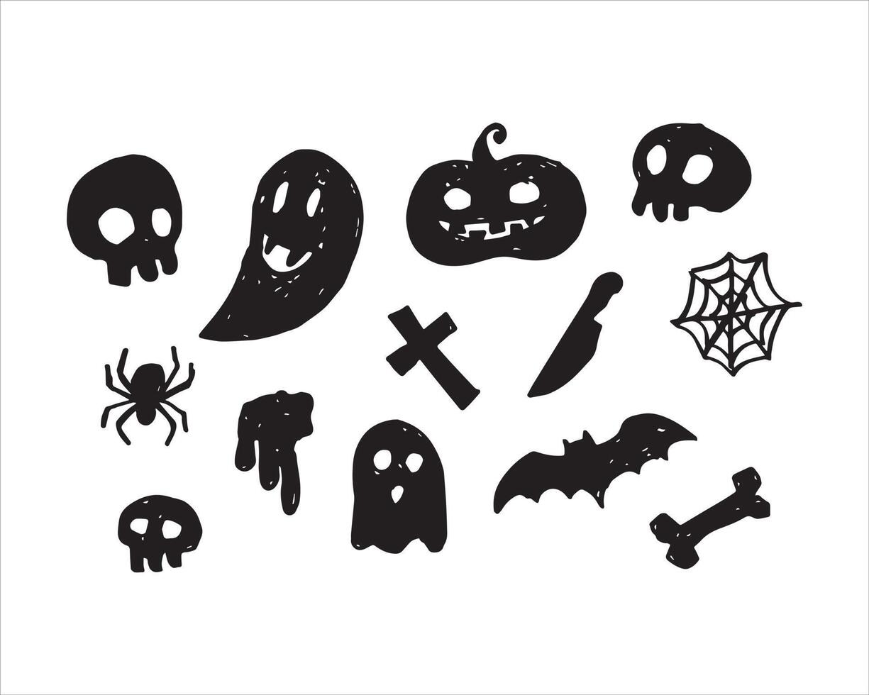 o vetor desenhado à mão conjunto de ilustrações de halloween em preto. aranha, crânio, abóbora, fantasma, morcego, osso, etc.