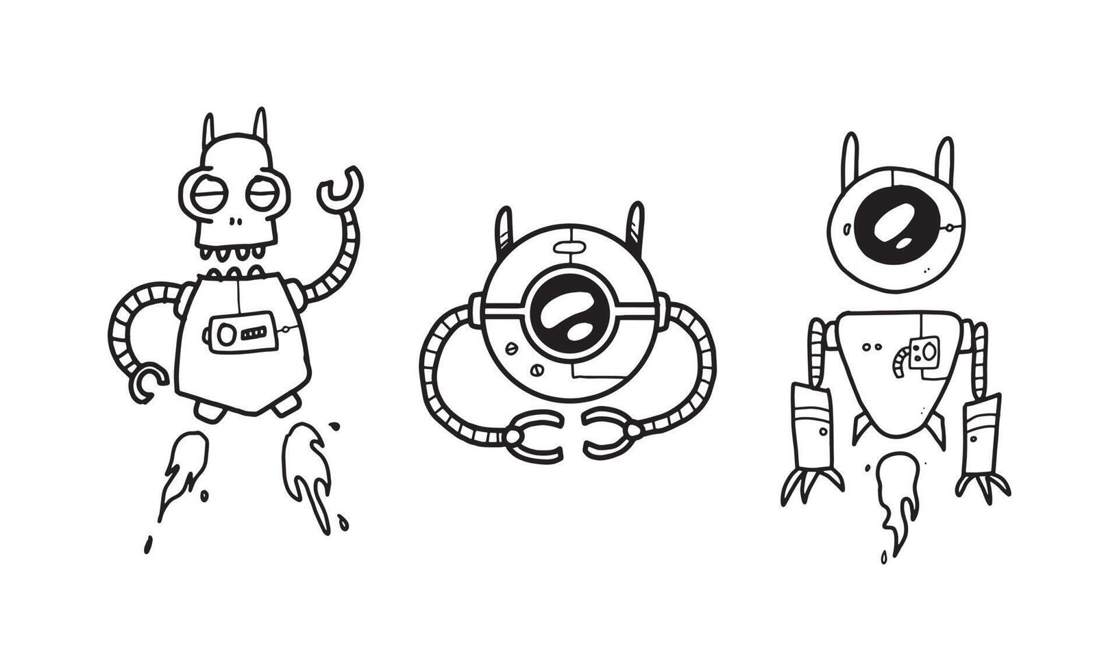 desenhos animados de robôs futuristas engraçados conjunto isolado no fundo branco. ilustração de robô incolor bonito desenhado à mão em desenho vetorial. vetor