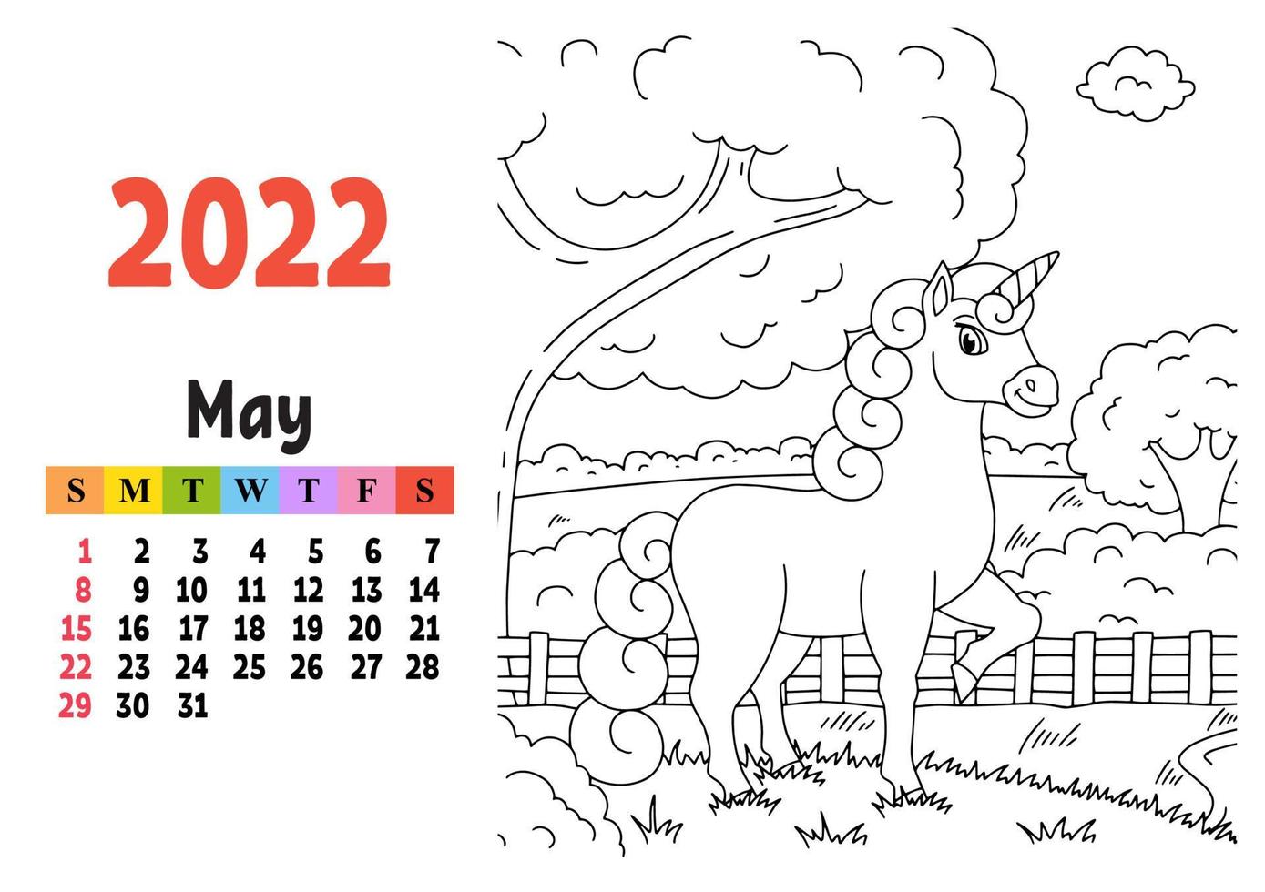 calendário para 2022 com um personagem fofo. unicórnio de fada. página para colorir. divertido e design brilhante. ilustração isolada do vetor da cor. estilo dos desenhos animados.