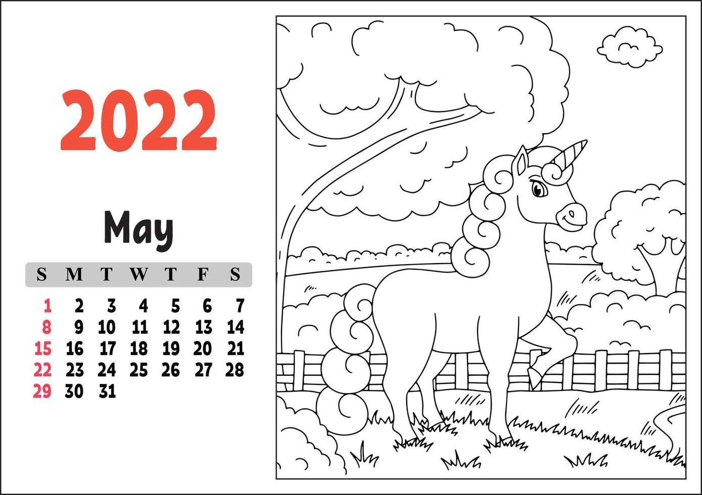 calendário para 2022 com um personagem fofo. unicórnio de fada. página para colorir. divertido e design brilhante. ilustração isolada do vetor da cor. estilo dos desenhos animados.